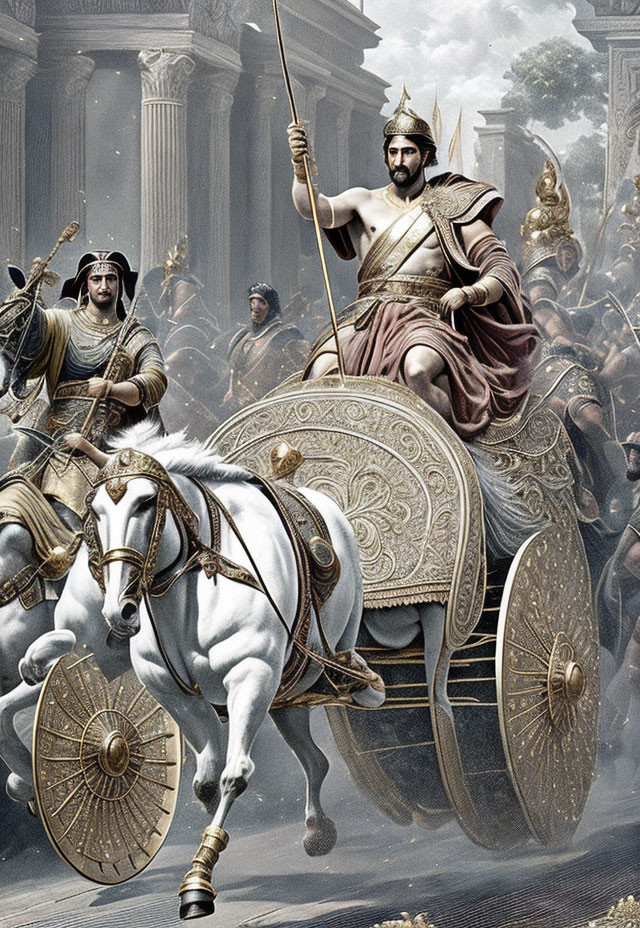 Ancient warrior king in chariot with soldiers against classical backdrop