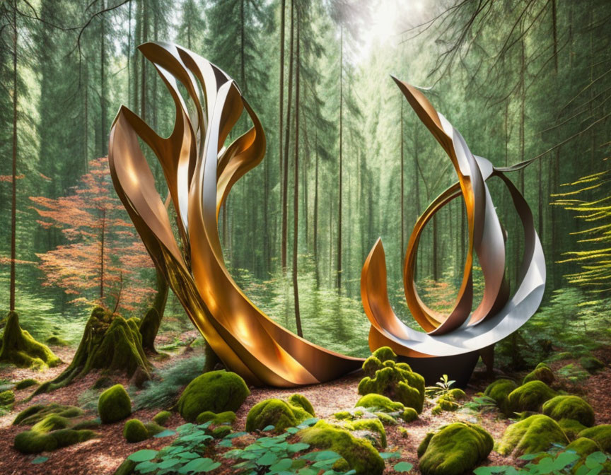 Abstract metallic sculpture in sunlit forest with twisting shapes