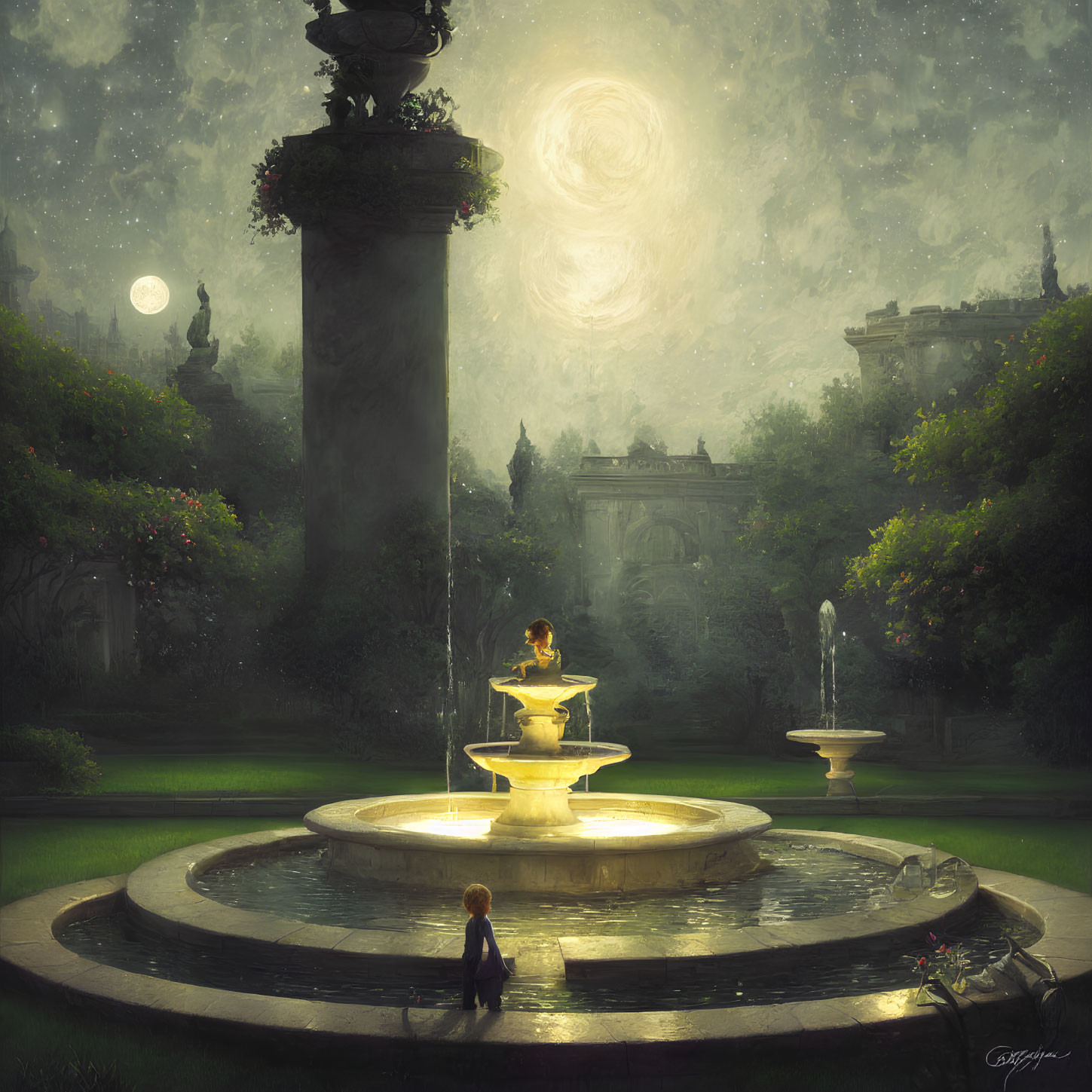 Mystical garden scene with glowing fountain and large moon