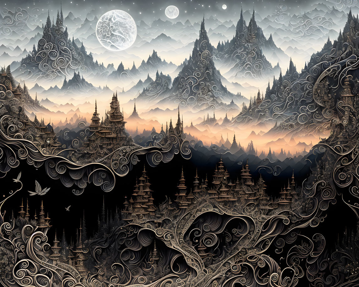 Monochrome fantasy landscape with Eastern temples, mountains, starry sky, full moon, swirling patterns,