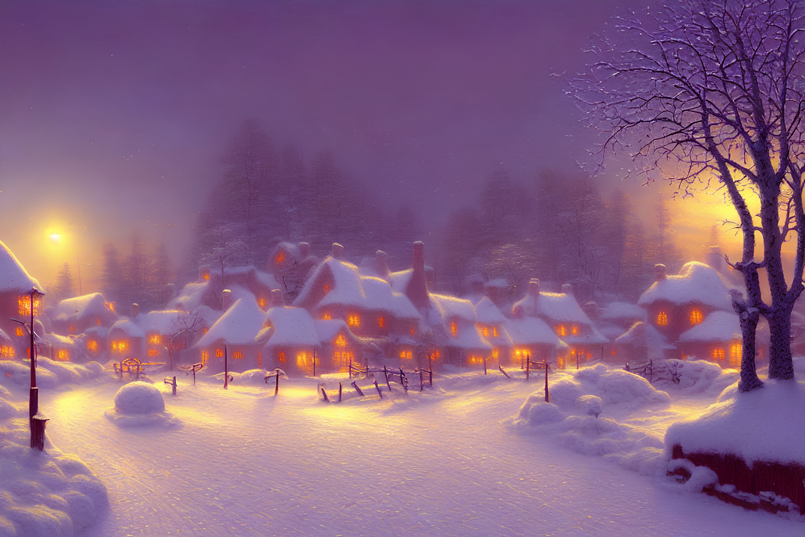 Twilight snow-covered village with glowing windows & street lamps