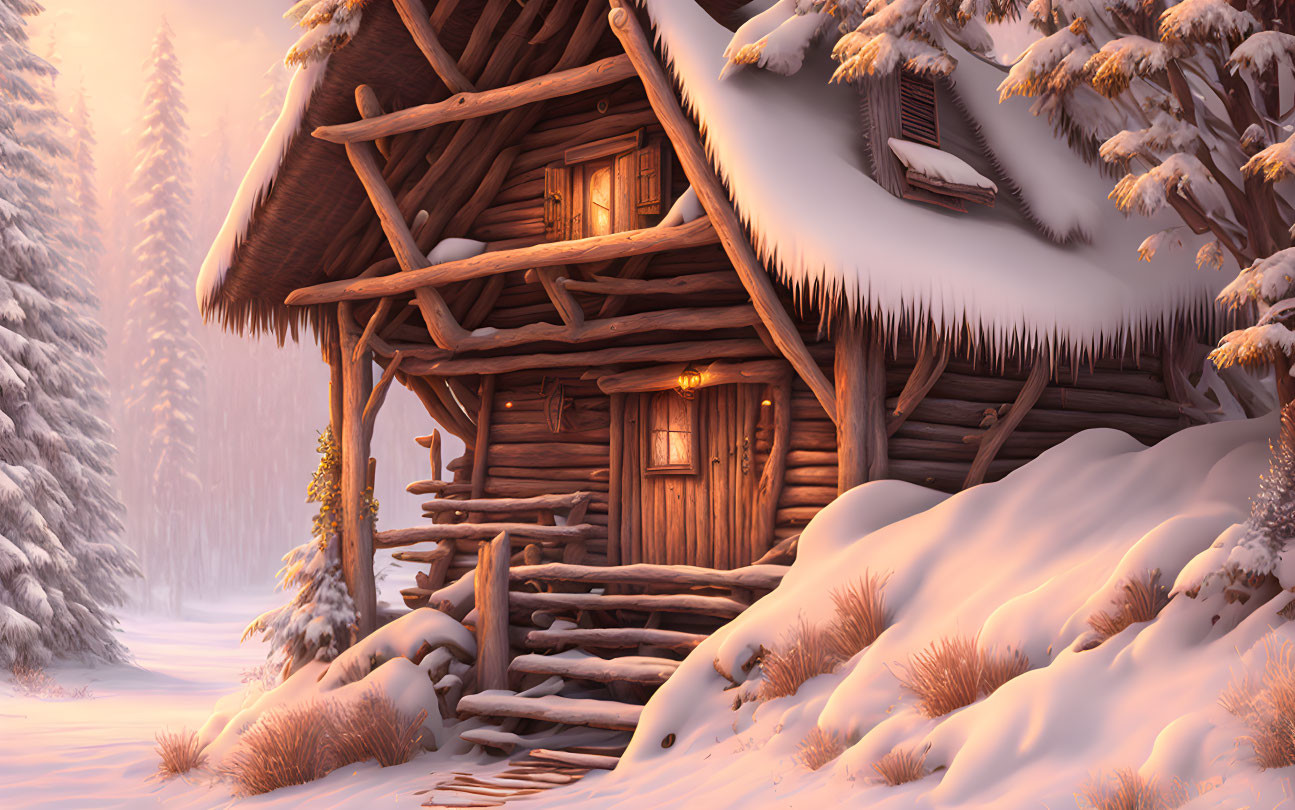 Snow-covered wooden cabin in serene winter landscape with warm light inside