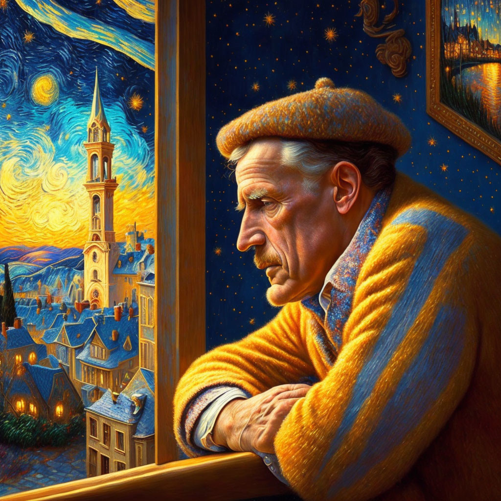 Man in beret gazes at "Starry Night" through window