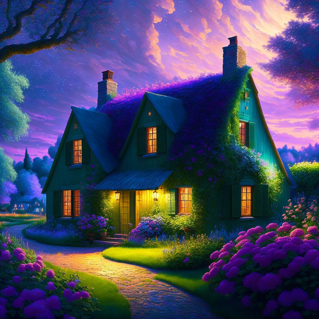 Quaint cottage with ivy, cobblestone path, lush gardens, and purple twilight sky