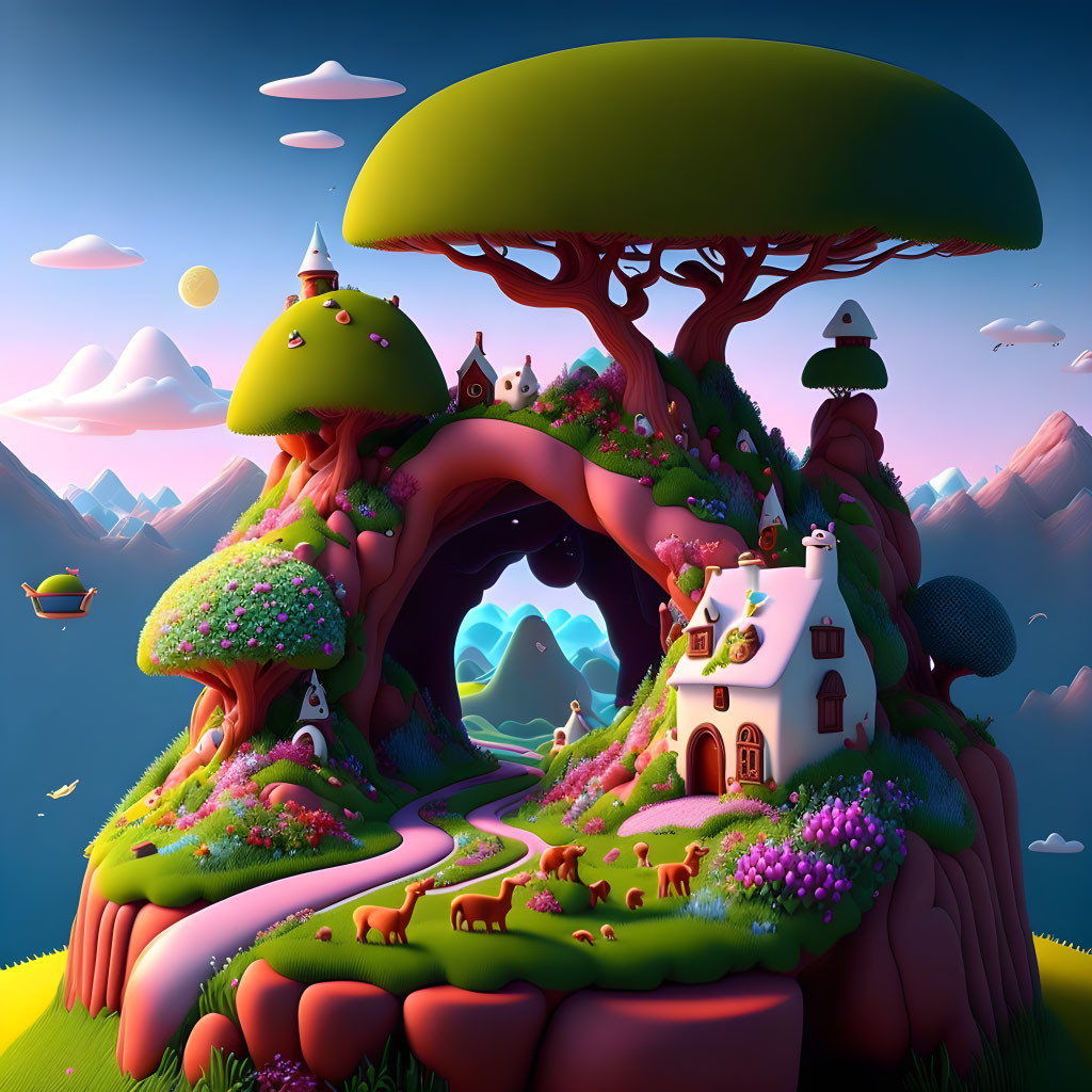 Colorful whimsical landscape with tree, houses, animals, and floating islands