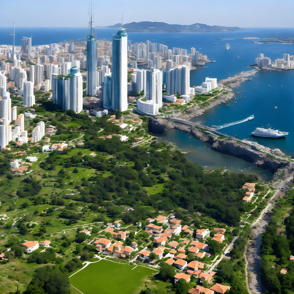 Coastal City Aerial View with Skyscrapers, Park, Cliff, and Ship Ent