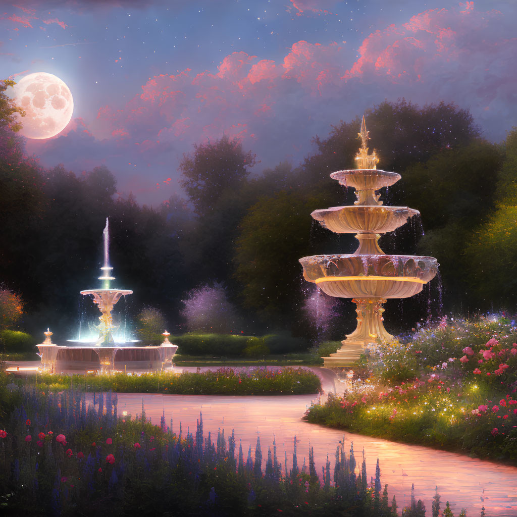 Nighttime garden fountain with full moon, flowers, and trees