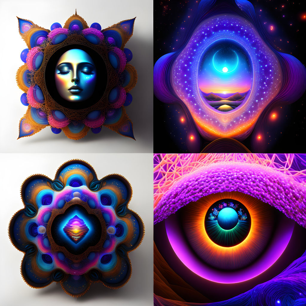 Colorful Digital Art: Cosmic & Surreal Pieces with Eye & Face Motifs