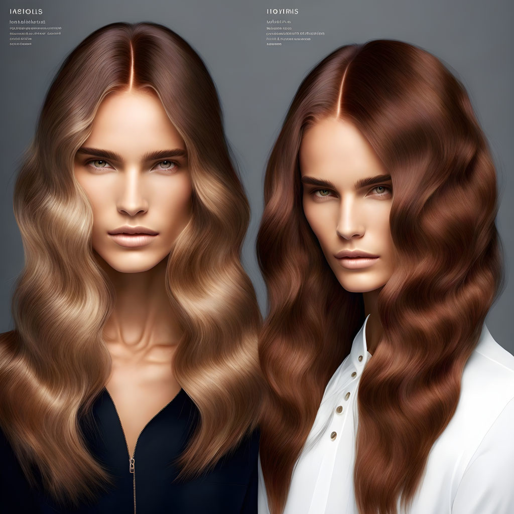 Long, wavy hair models display various colors and styles in modern fashion shoot