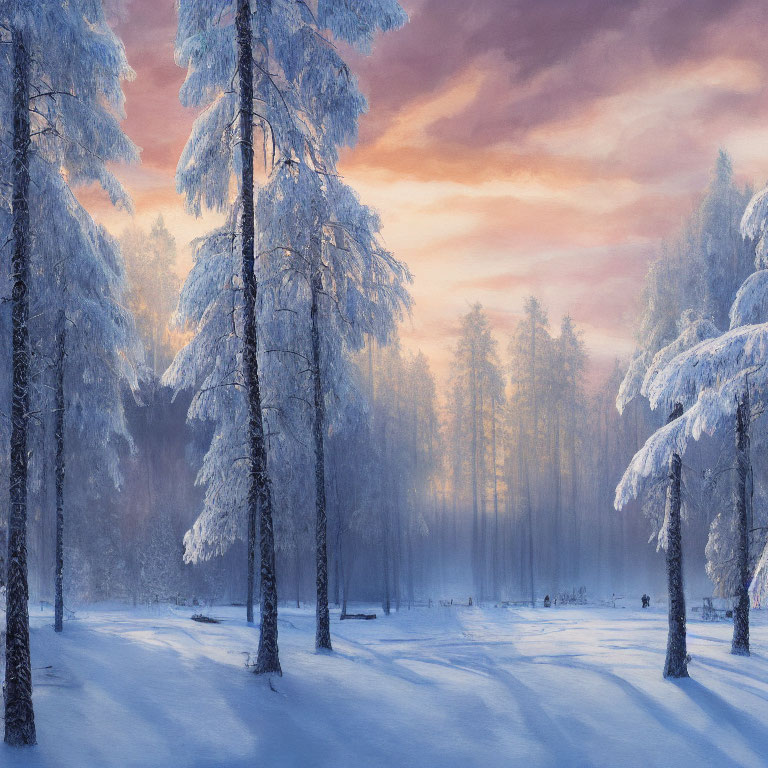 Serene forest scene: Snow-covered pines under pink and blue dusk sky