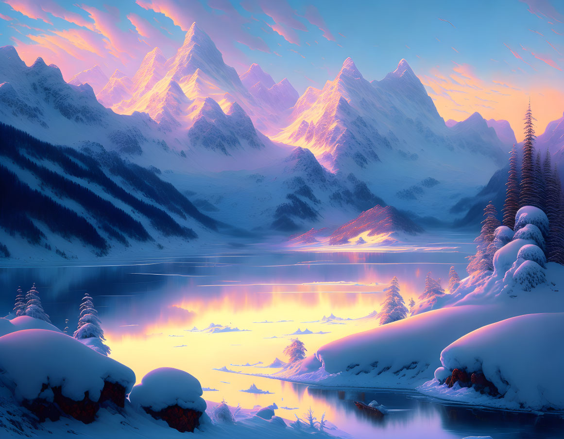 Snowy Peaks Reflecting in Serene Lake at Sunrise or Sunset