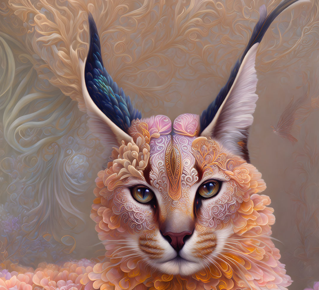 Elongated-eared feline with intricate details in soft pastel hues