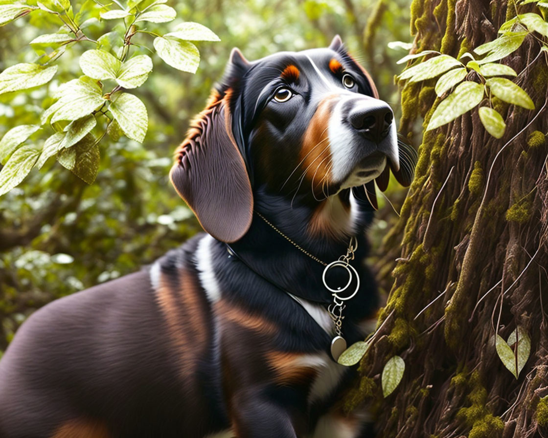 Black and Tan Dog with Glossy Coat and Collar in Lush Green Forest