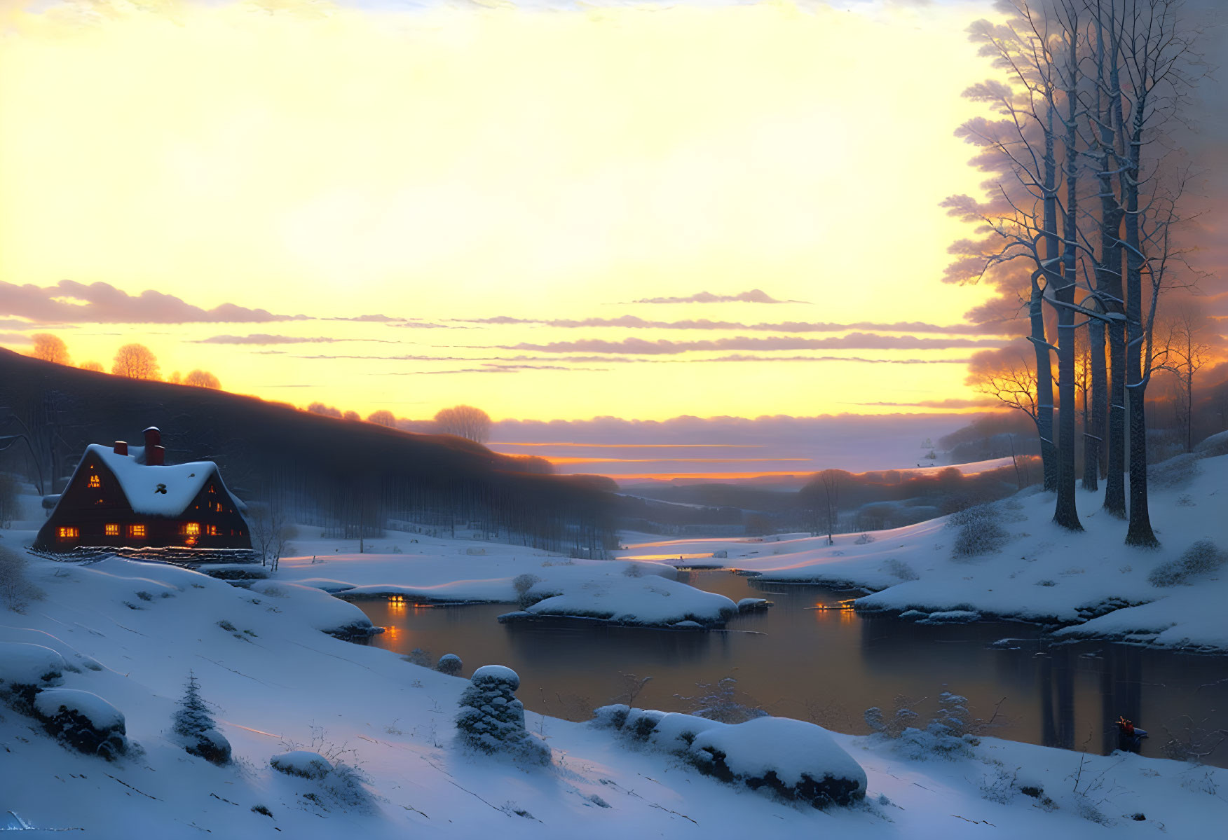 Snow-covered winter landscape with cozy cottage, barren trees, and gentle river at sunset