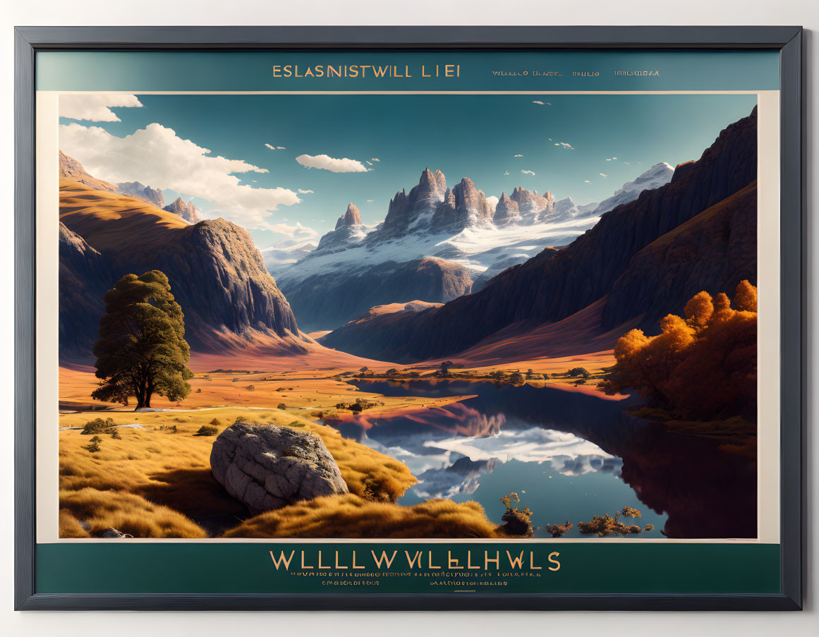 Mountain landscape with lake, valleys, and autumn foliage in a frame