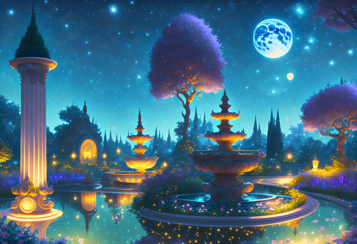 Moonlit Night Garden with Glowing Trees and Stars