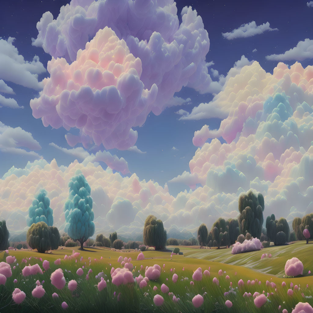 Tranquil landscape with pink clouds, blue trees, and starry sky at dusk