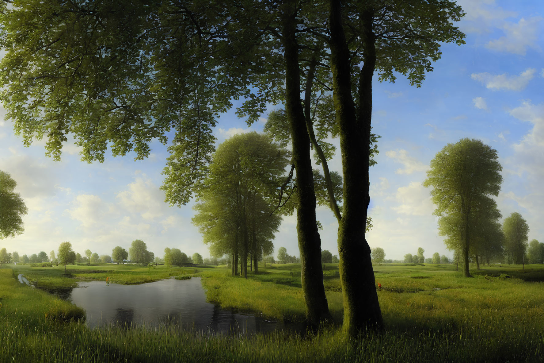 Tranquil landscape with green trees, pond, fields, and soft sunlight