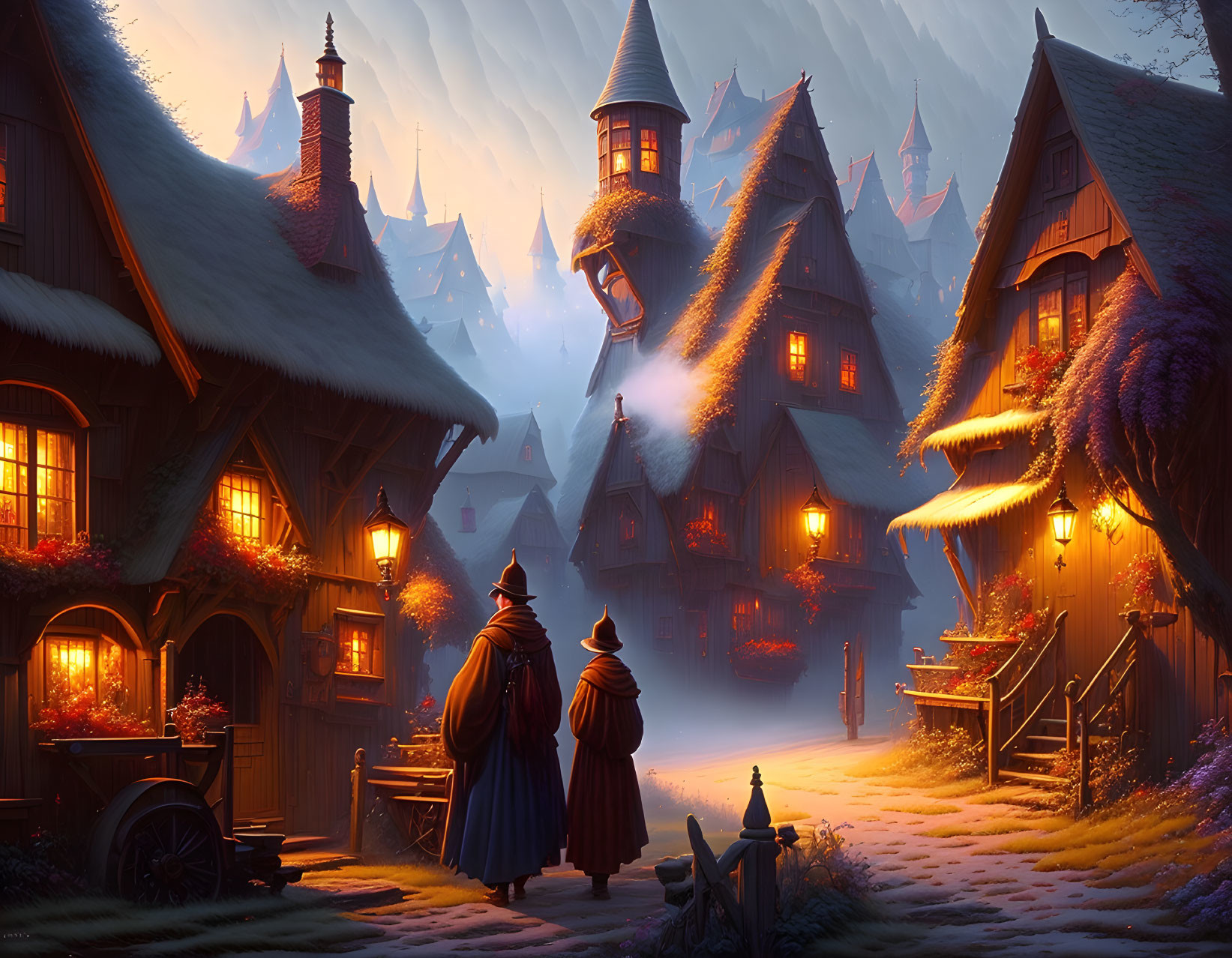 Snowy village at dusk with traditional houses and cloaked figures