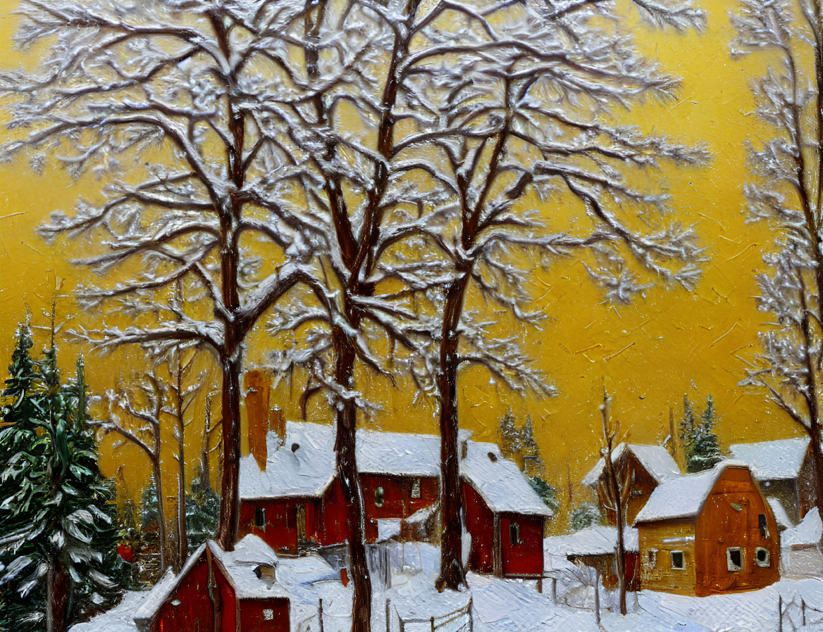 Snowy village painting with red houses and leafless trees on yellow backdrop