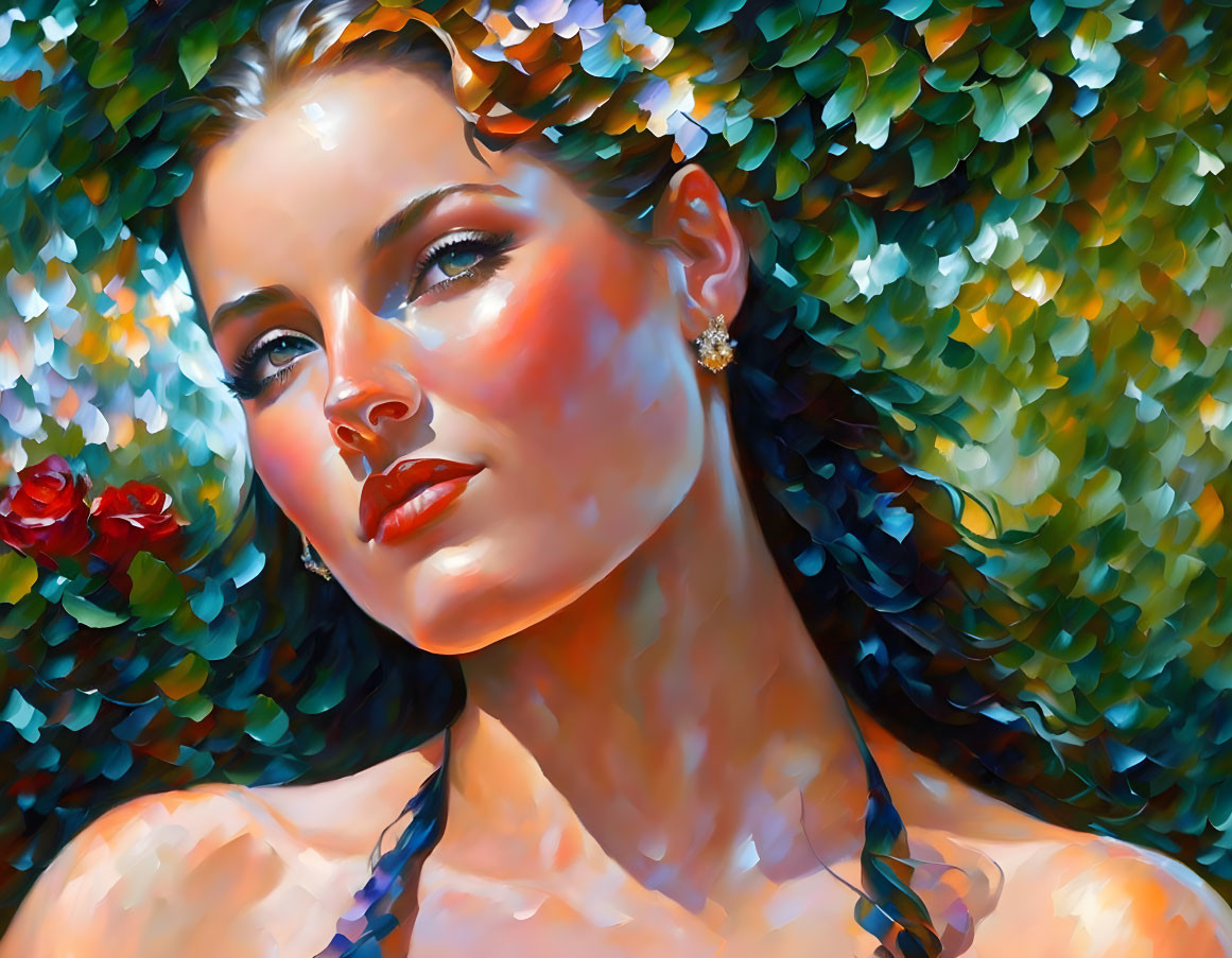 Colorful portrait of a woman with glossy lips and earring in greenery scene