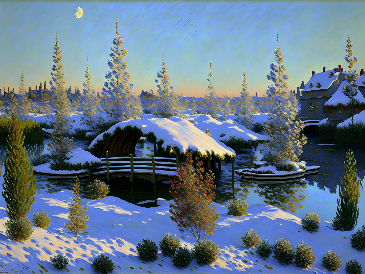 Snow-covered Winter Landscape: Bridge, River, Moon, House