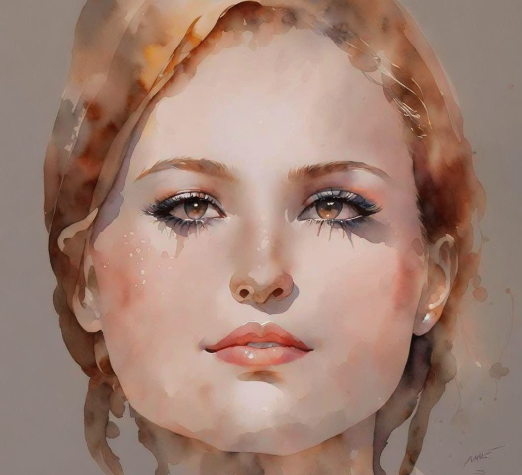 Portrait of a woman with fair skin, blue eyes, and auburn hair in watercolor