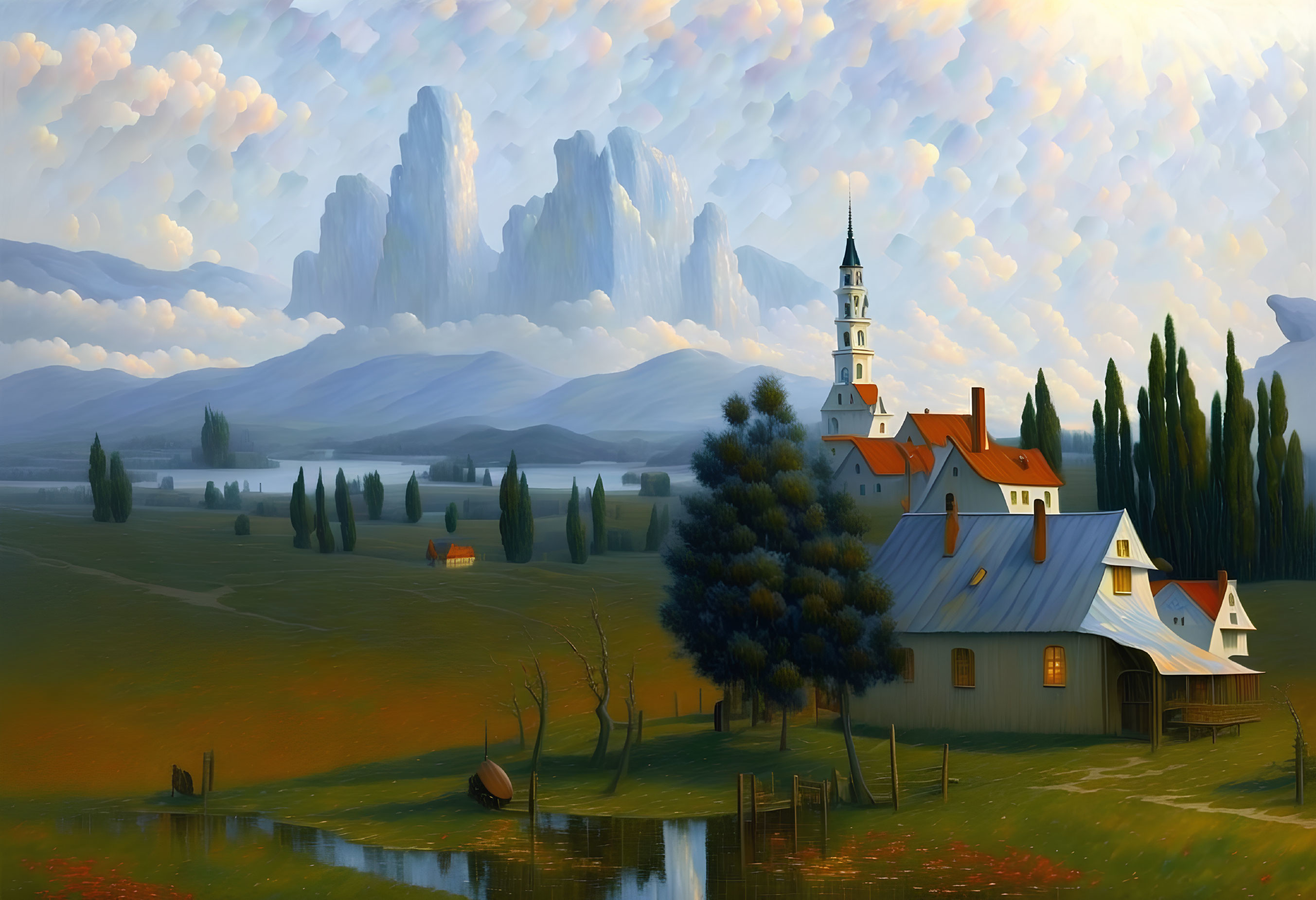 Idyllic rural landscape with village, church spire, hills, mountains, lake, and textured