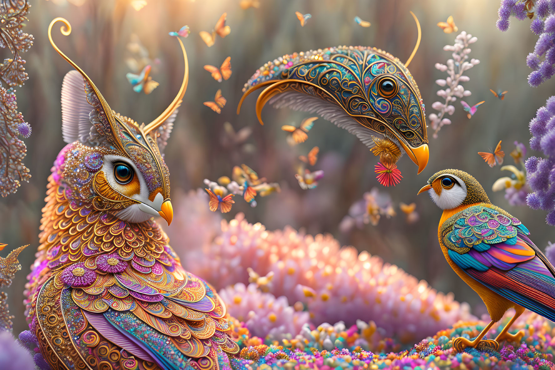 Colorful Fantastical Birds with Butterflies in Flower-Filled Landscape