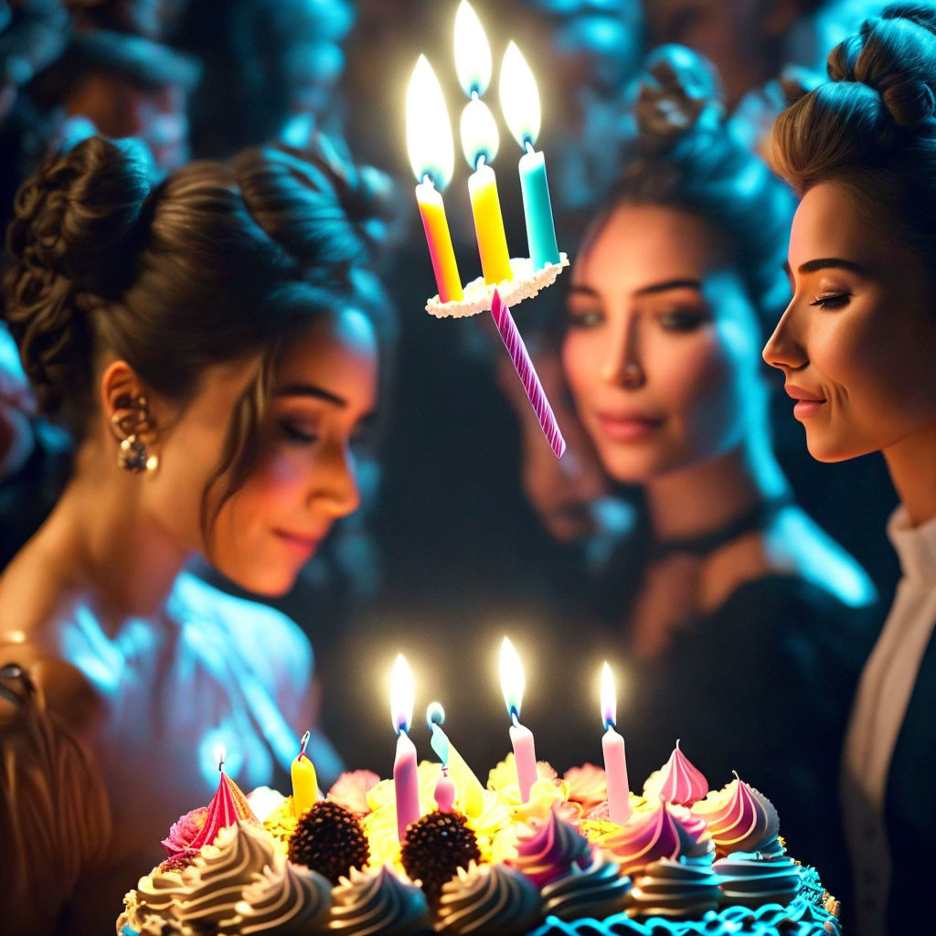 Woman blowing out birthday candles with friends in dimly lit setting