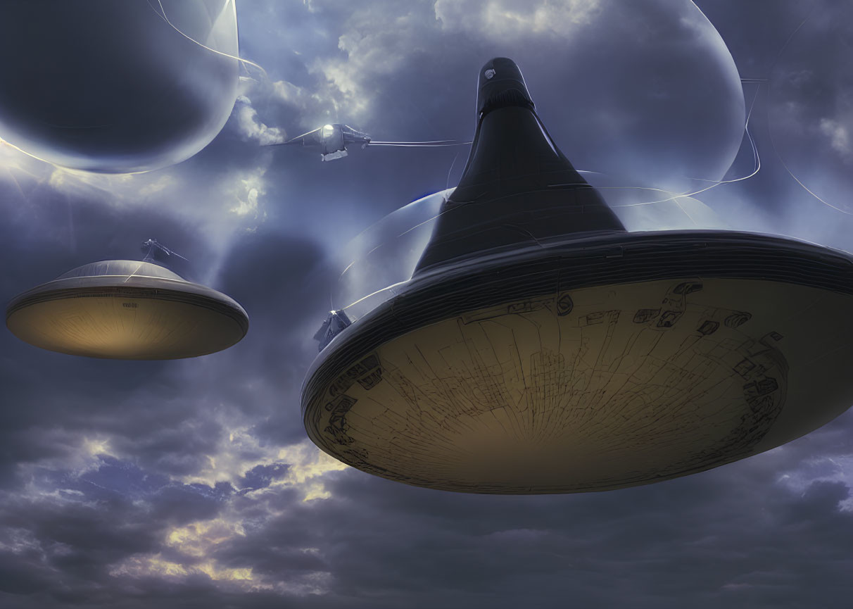 Three UFOs under dramatic cloudy sky with intricate details visible