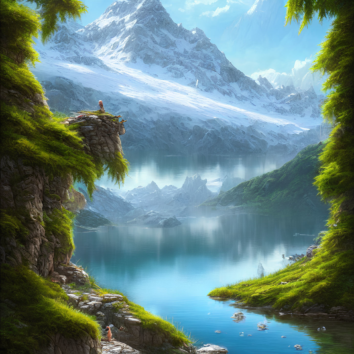 Serene mountain landscape with person on cliff above blue lake