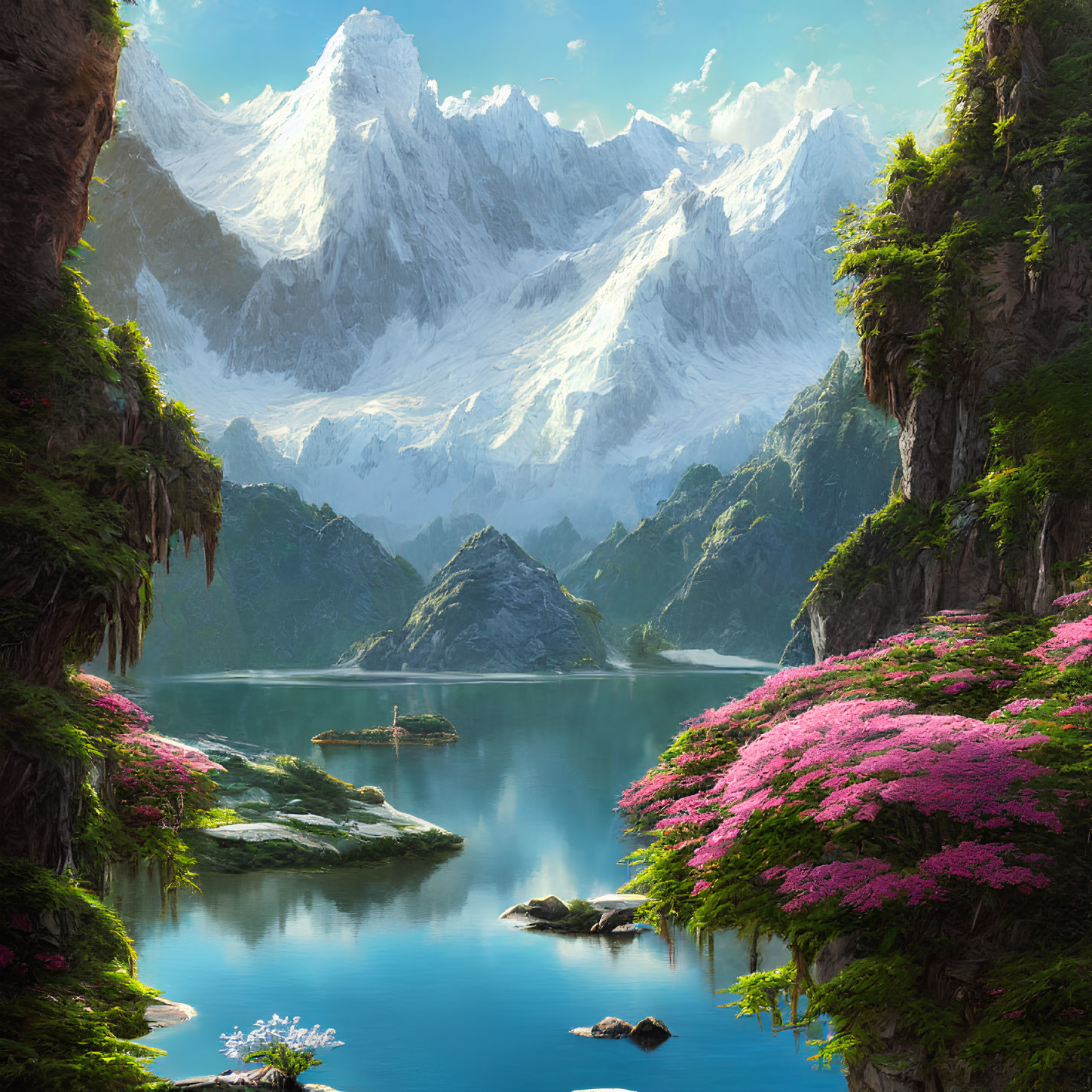 Tranquil mountain lake with pink flowers, greenery, and snow-capped peaks