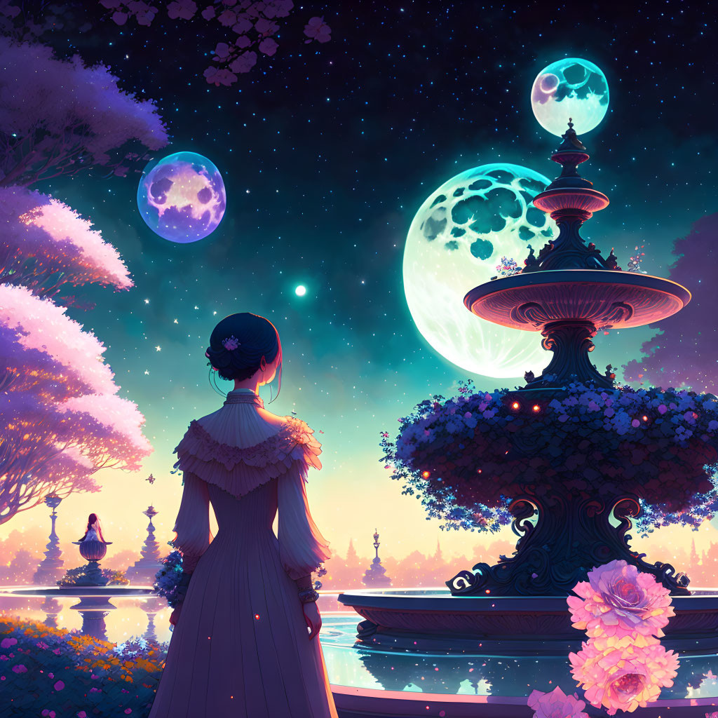 Woman in vintage dress admires multiple moons over blooming garden