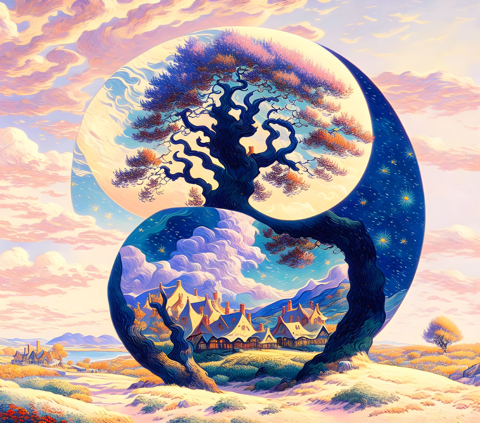 Fantastical landscape with twisted tree in yin-yang shape, pastel sky, whimsical