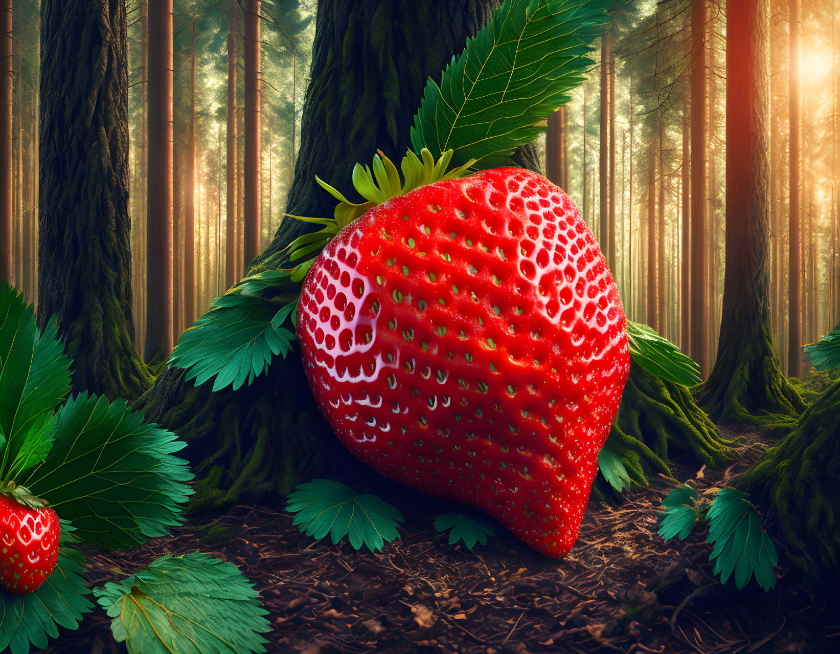 Large Strawberry in Enchanted Forest with Sunlight and Green Foliage