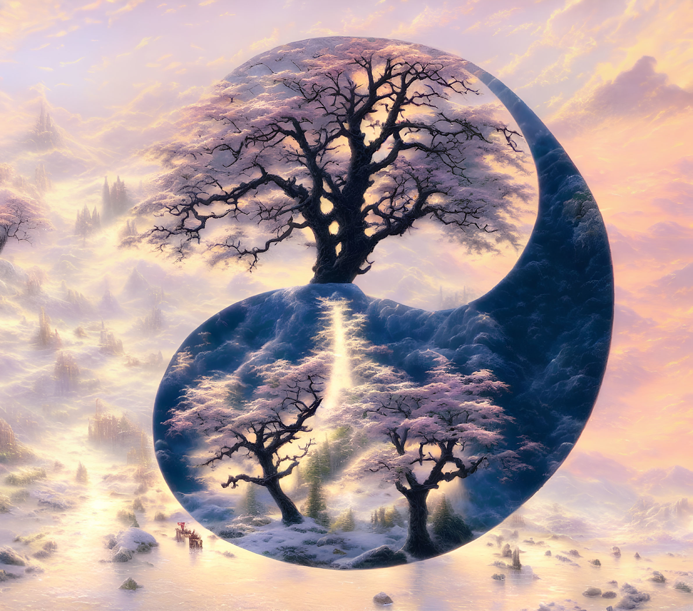 Yin-Yang Symbol with Tree on Golden and Snowy Backgrounds