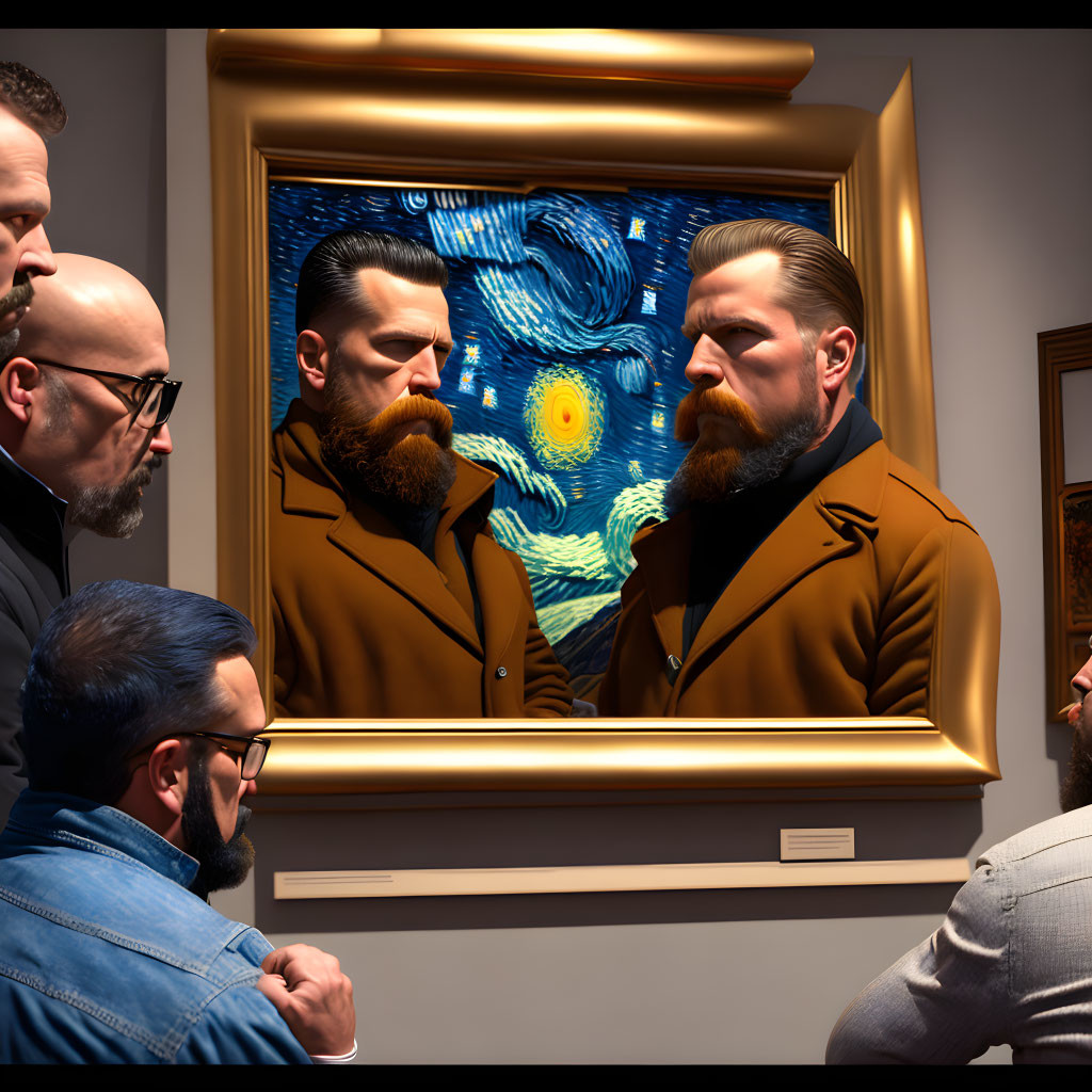 Five Bearded Men in Front of Starry Night Painting Display Symmetry