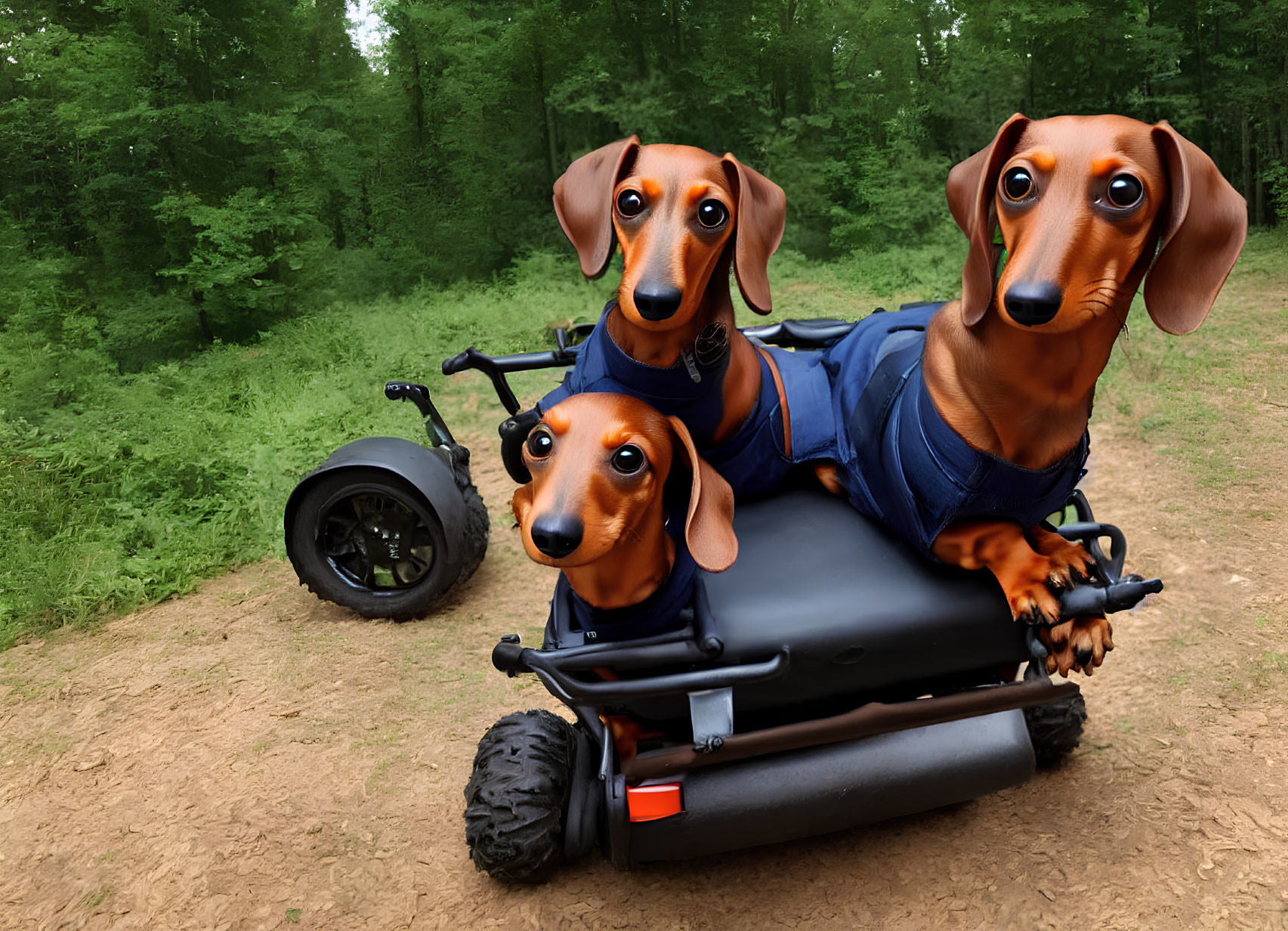 Three Dachshunds in Blue Jackets on Black Motorized Scooter in Forest