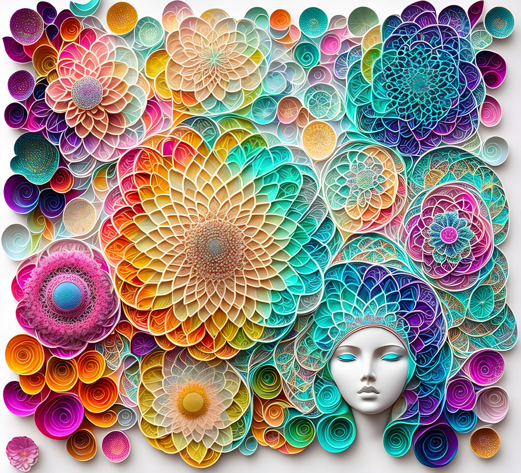 Vibrant paper art of woman's face with floral patterns