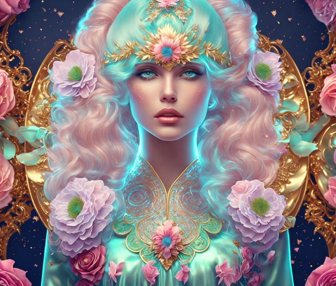 Detailed illustration of pale woman with pink hair, turquoise glow, gold & flower accents