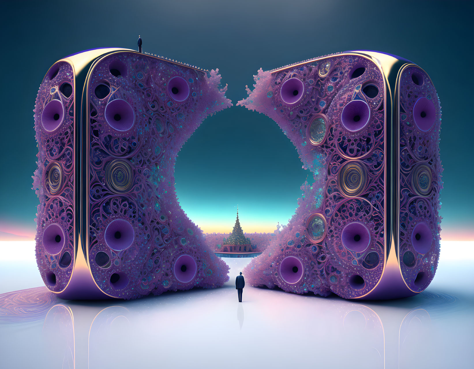 Digital art concept: Figure before mirrored fractal gates & distant illuminated structure