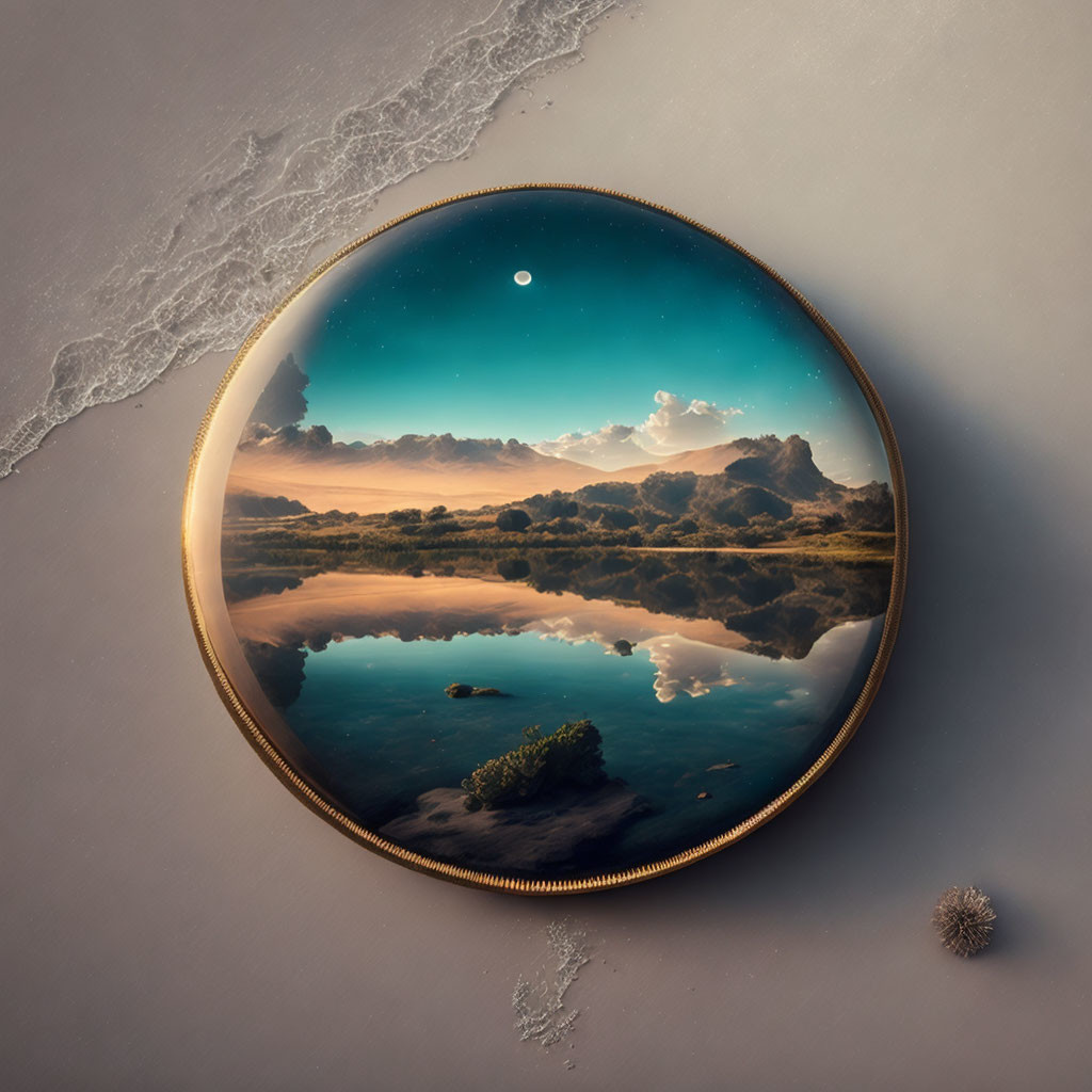 Circular frame landscape with reflective waters, moonlit sky, and tranquil beach at twilight