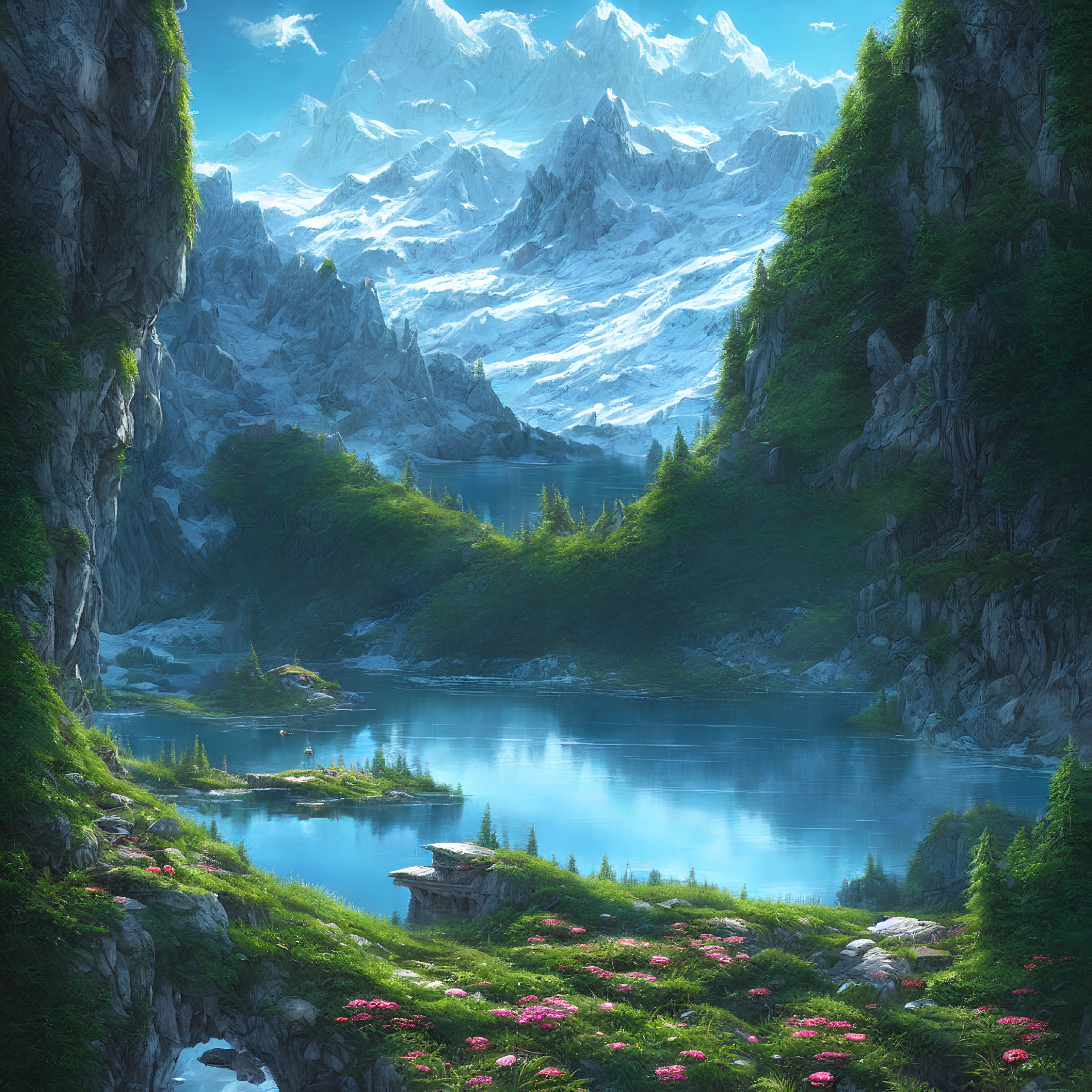 Serene mountain lake with lush greenery, pink flowers, and snow-capped peaks