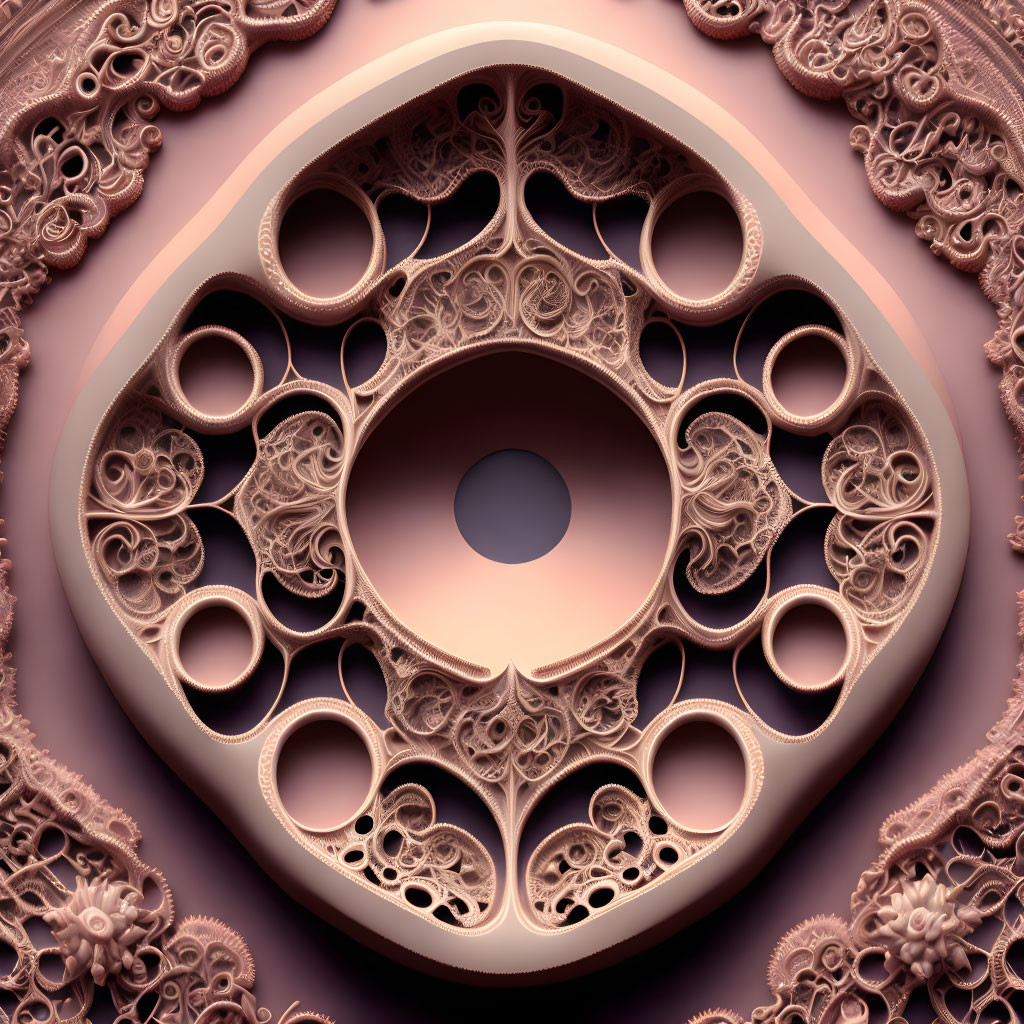 Symmetrical fractal image with circular patterns in pink and brown