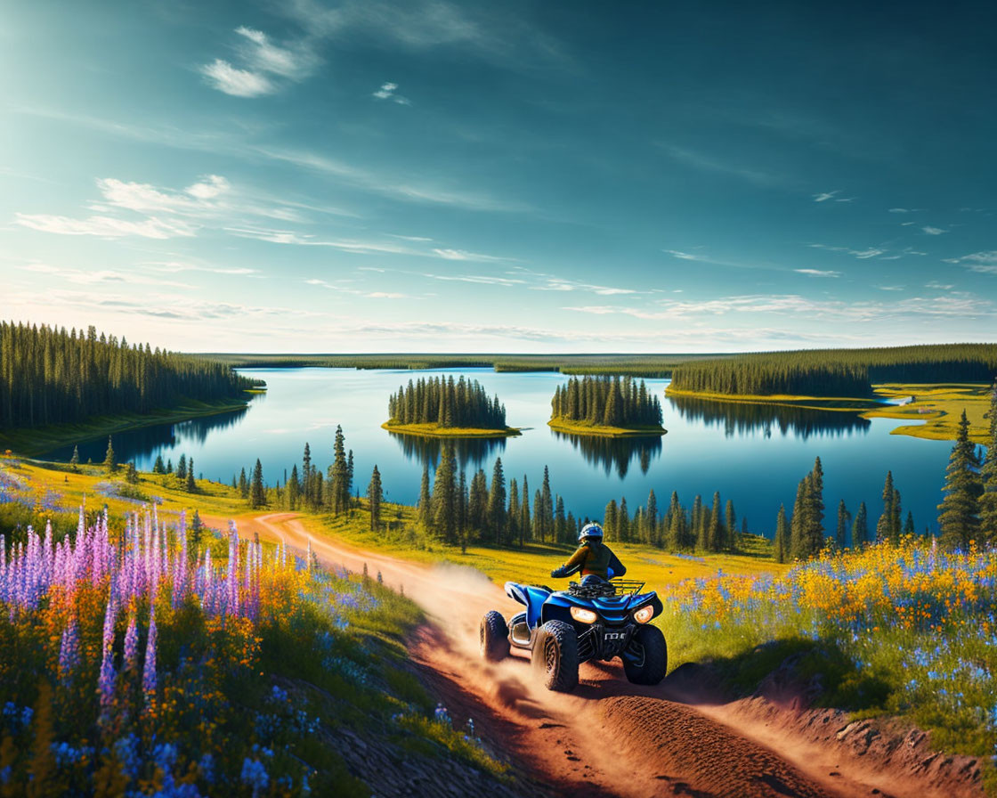 ATV rider on dirt trail near scenic lake, forests, and wildflowers