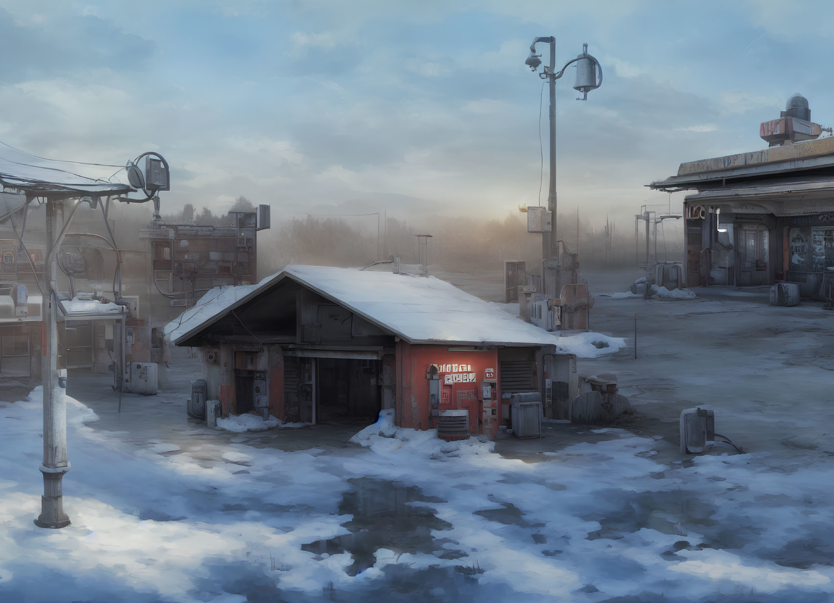 Snowy post-apocalyptic scene with abandoned buildings and glowing sky