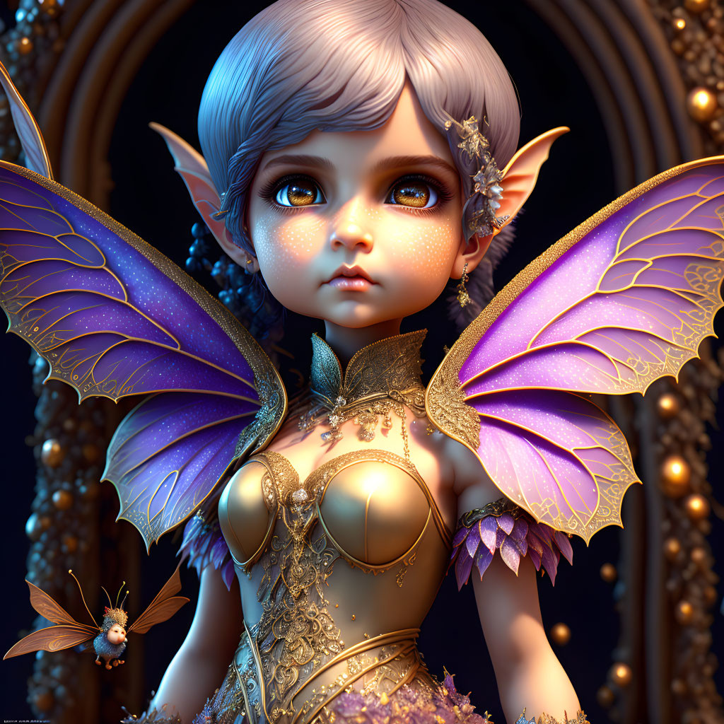 Fantasy fairy digital artwork with purple wings and golden armor