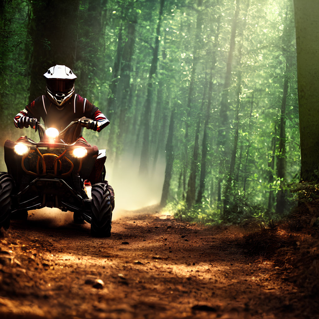 ATV rider in protective gear on sunlit forest trail