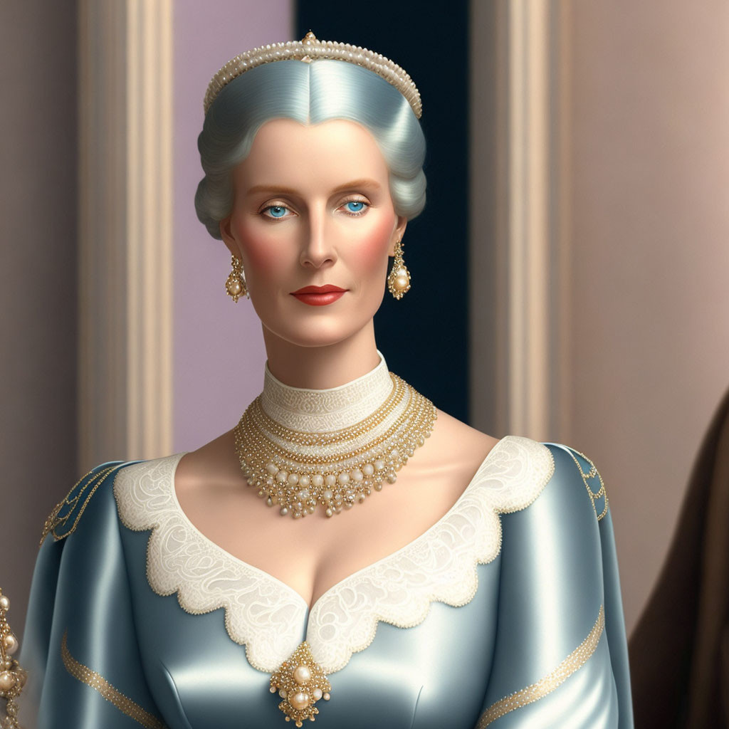 Illustrated portrait of woman with blue eyes and silver hair in blue gown and pearl jewelry